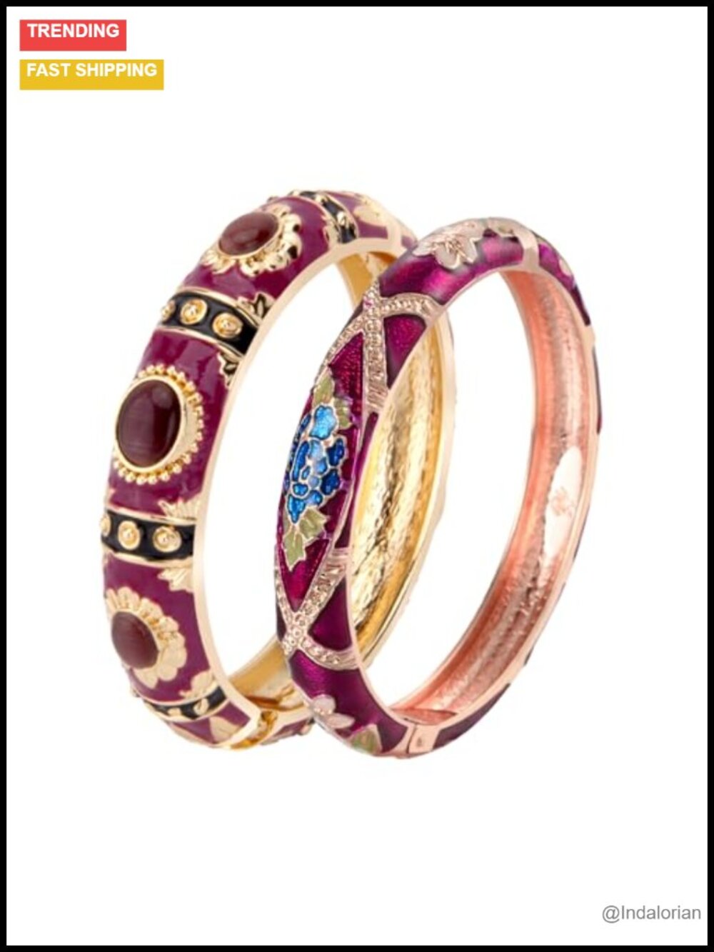 Vintage Cloisonne Enamel Cuff Bangles 2 Pcs Set Spring Hinged Gemstone
